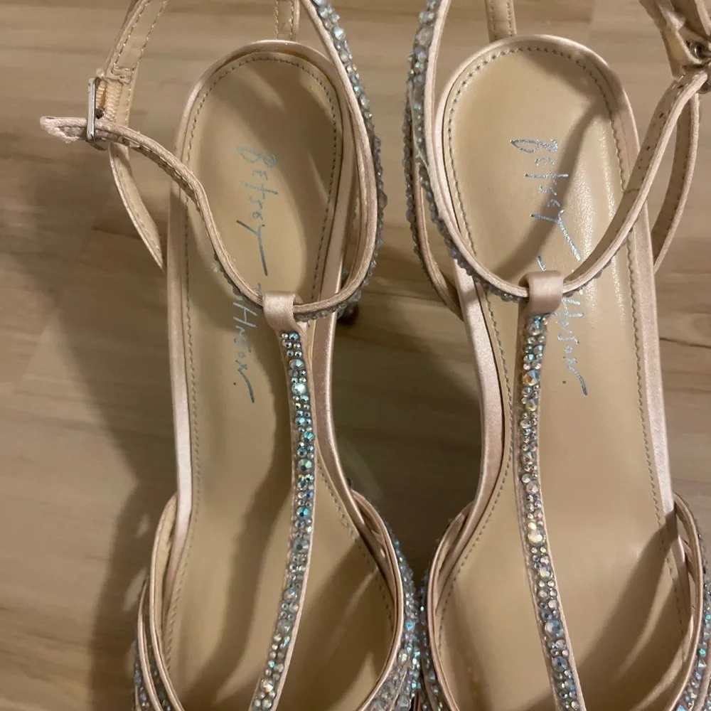 Betsey Johnson Rhinestone Strappy Heels - Cream and Silver Size 8.5